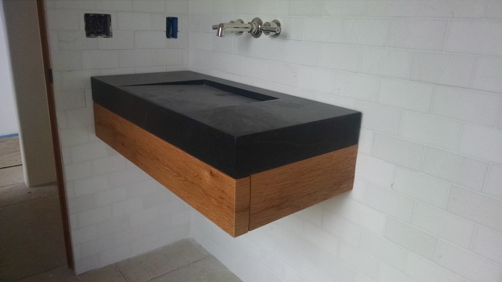 Invisible drain soapstone sink installed Industrial Stone Works
